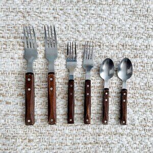 Vintage Wood‑Handle Flatware Set (6 Pc) Japan—Forks & Spoons